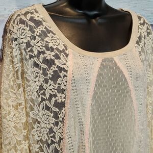 Jolt Sheer Lace Cream Long Sleeve Blouse Patchwork Sz L